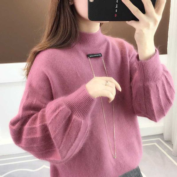 new half turtleneck pullover korean women's chain deco lantern sleeves loose fall casual solid sweater female, White;black
new half turtleneck pullover korean women's chain deco lantern sleeves loose fall casual solid sweater female, White;black