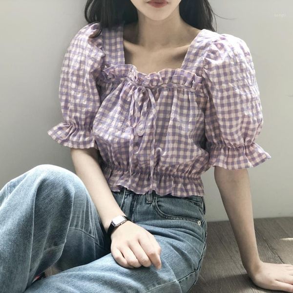 2020 summer new slim waist cute square collar puff sleeve plaid shirts women cropped and blouses korean fashion clothing1, White
2020 summer new slim waist cute square collar puff sleeve plaid shirts women cropped and blouses korean fashion clothing1, White