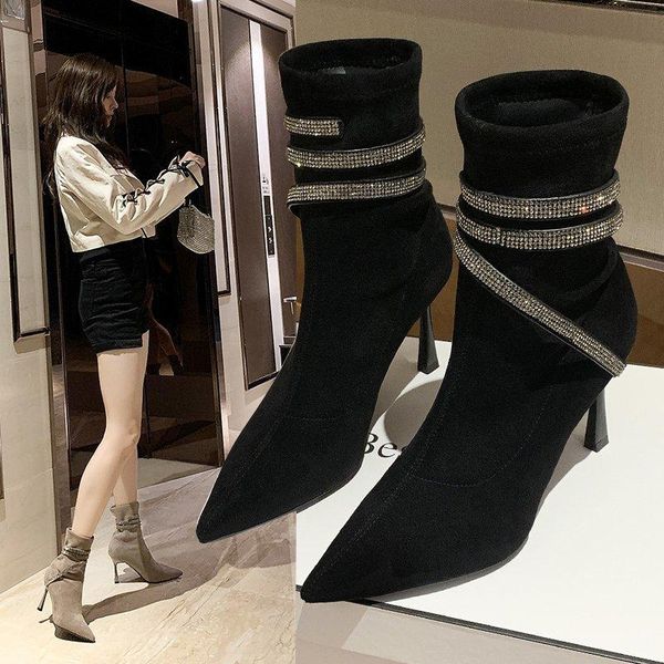 2021 high heel diamond women boots flock upper pointed toe office lady shoes slip-on fashion mid-calf party women boots, Black
2021 high heel diamond women boots flock upper pointed toe office lady shoes slip-on fashion mid-calf party women boots, Black