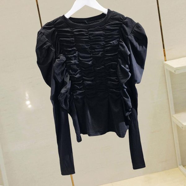 2020 new round neck puff sleeve front and rear fold long sleeve t-shirt women 1015, White
2020 new round neck puff sleeve front and rear fold long sleeve t-shirt women 1015, White
