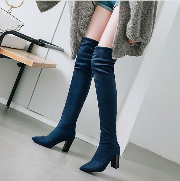 women high-heeled pointed toe suede stretch pull-on over the knee boots, Black
women high-heeled pointed toe suede stretch pull-on over the knee boots, Black