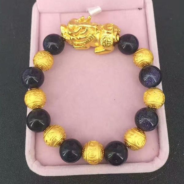 new arrival natural sand stone beads alluvial gold pixiu round beads chain trendy auspicious bracelets, Black
new arrival natural sand stone beads alluvial gold pixiu round beads chain trendy auspicious bracelets, Black