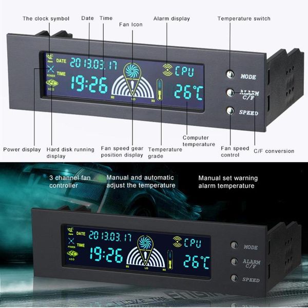 5.25 inch bay front lcd panel display 3 fan speed controller cpu temperature sensor probes 5 - 90 celsius degree
5.25 inch bay front lcd panel display 3 fan speed controller cpu temperature sensor probes 5 - 90 celsius degree