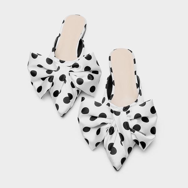 2021 summer new pointed toe baotou half slippers polka dot bow flat heel slipper, Black
2021 summer new pointed toe baotou half slippers polka dot bow flat heel slipper, Black
