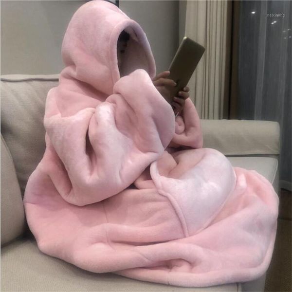 blankets plush flannel fleece warm with pocket winter adults kids bathrobe sofa cozy blanket outwears1