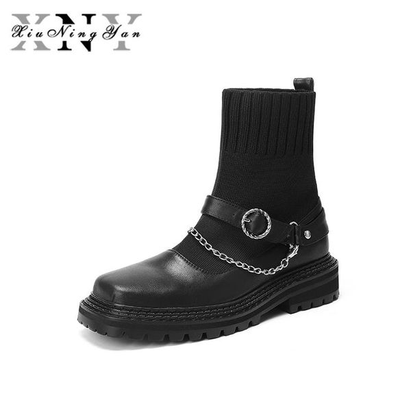 xiuningyan women's boots punk style boots socks chain genuine leather flat with platform shoes woman ankle, Black