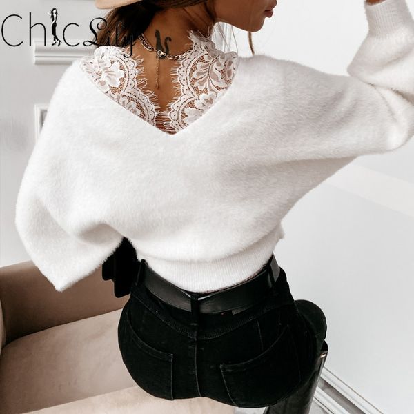 chiclily women solid color sweater patchwork design lace see through v-neck backless long sleeve loose plush pullovers h1211, White;black
chiclily women solid color sweater patchwork design lace see through v-neck backless long sleeve loose plush pullovers h1211, White;black