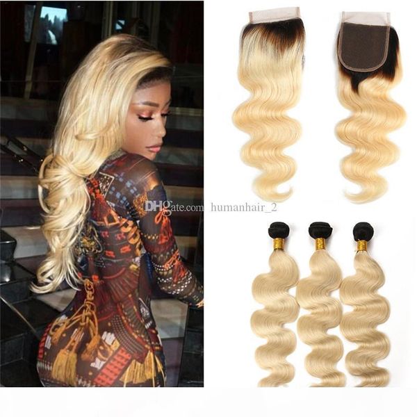 #1b 613 blonde brazilian human hair 3 bundles with closure dark roots blonde ombre body wave 4x4 lace closure with human hair wefts, Black;brown 
#1b 613 blonde brazilian human hair 3 bundles with closure dark roots blonde ombre body wave 4x4 lace closure with human hair wefts, Black;brown