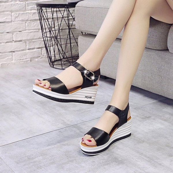 sandals summer shoes woman leather heel wedge female sponge cake with open toe thick shoe w206, Black
sandals summer shoes woman leather heel wedge female sponge cake with open toe thick shoe w206, Black