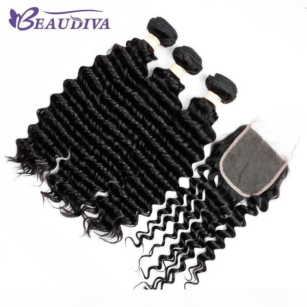 

beau diva 8a deep wave 3 bundles with closure unprocessed brazilian virgin hair remy human hair bundles with 4x4 lace closure, Black;brown