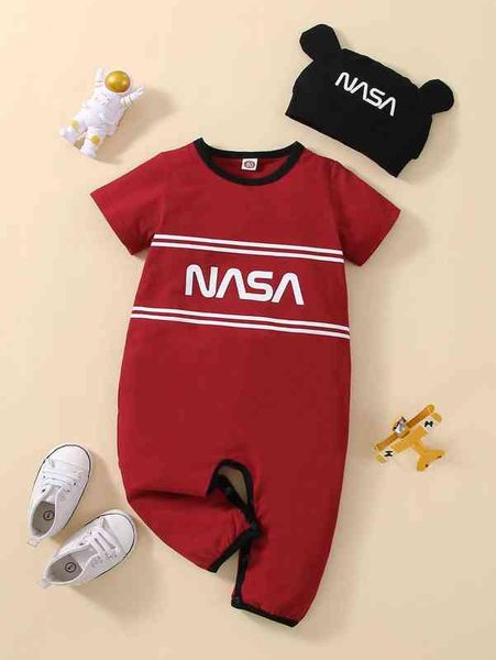 baby striped & letter graphic contrast binding jumpsuit & hat she, Blue
baby striped & letter graphic contrast binding jumpsuit & hat she, Blue