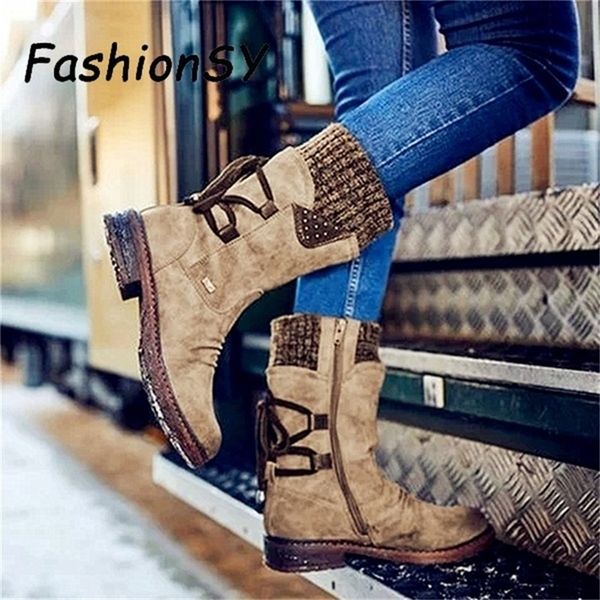 women snow fashion knitting warm autumn winter mid-calf lace-up boots low heels comfortable shoes woman y200915, Black
women snow fashion knitting warm autumn winter mid-calf lace-up boots low heels comfortable shoes woman y200915, Black