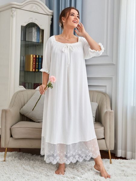 plus knot front flounce sleeve contrast lace hem nightdress b6lp#, Black;white
plus knot front flounce sleeve contrast lace hem nightdress b6lp#, Black;white