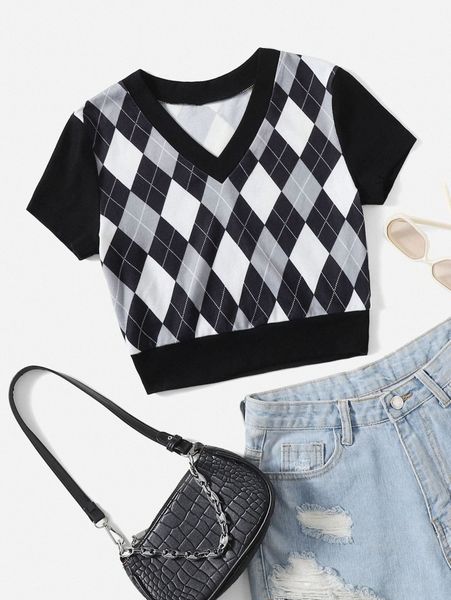 v neck argyle print tee r1hx#, White