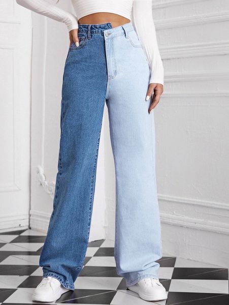 high waist two tone wide leg jeans 95wi#, Blue