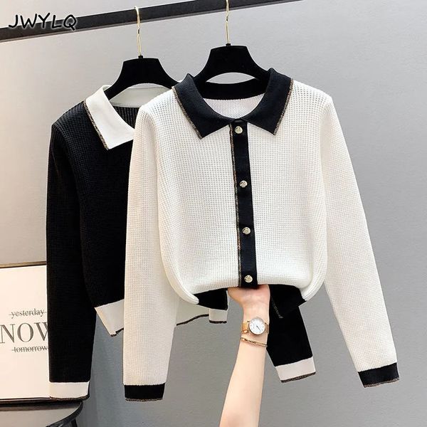 korean plus size 4xl hit color polo collar long sleeves harajuku elegant loose black/white knitted sweater simple office sweater, White;black
korean plus size 4xl hit color polo collar long sleeves harajuku elegant loose black/white knitted sweater simple office sweater, White;black