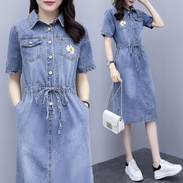 2020 summer small dress new fashion korean large women's slim and slim with small daisy embroidered denim dress ddre7, Black;gray
2020 summer small dress new fashion korean large women's slim and slim with small daisy embroidered denim dress ddre7, Black;gray