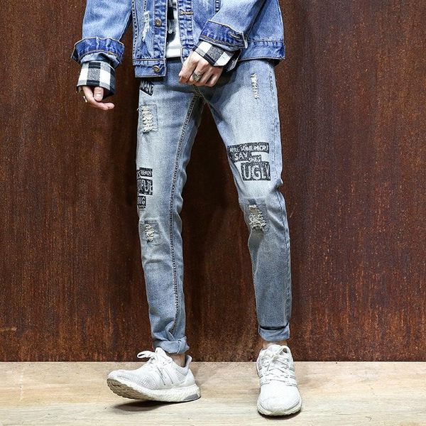fashion men's jeans ripped hole slim hip hop skinny pencil jeans men stretch elastic ankle length print straight, Blue
fashion men's jeans ripped hole slim hip hop skinny pencil jeans men stretch elastic ankle length print straight, Blue