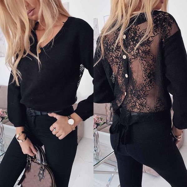 autumn winter women's blouse fashion lace open back button solid color v-neck long sleeves blouse, White
autumn winter women's blouse fashion lace open back button solid color v-neck long sleeves blouse, White