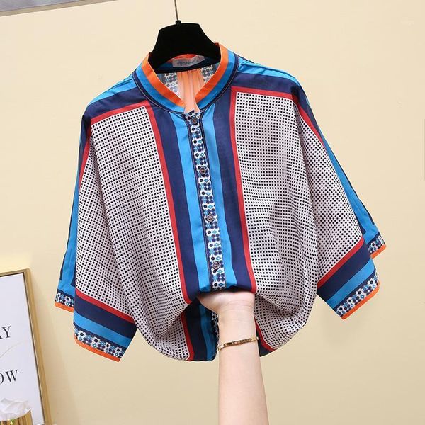 new wave point print contrast color stand bat sleeve shirts for women summer 20201, White
new wave point print contrast color stand bat sleeve shirts for women summer 20201, White