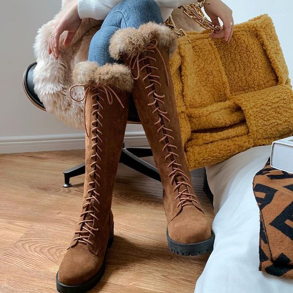 women's fur knee high boots winter woman warm low heels big size 45 women lace up flock ladies short plush female shoes1, Black 
women's fur knee high boots winter woman warm low heels big size 45 women lace up flock ladies short plush female shoes1, Black
