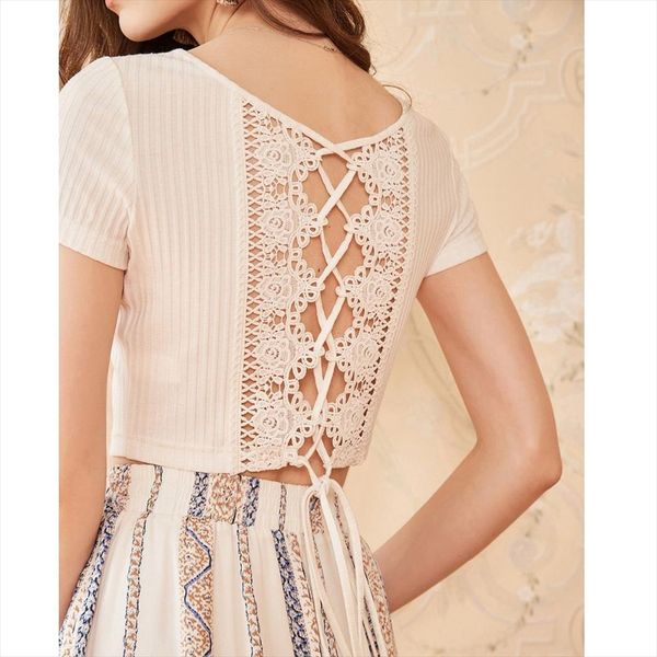 2020 early spring new holiday style lace stitching strips backless bandage short sleeve slim waist t shirt female ta15085x, White
2020 early spring new holiday style lace stitching strips backless bandage short sleeve slim waist t shirt female ta15085x, White