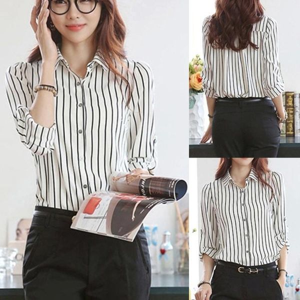 women's blouses & shirts work shirt for women long sleeve blouse business lapel stripe office lady chiffon clothes, White
women's blouses & shirts work shirt for women long sleeve blouse business lapel stripe office lady chiffon clothes, White