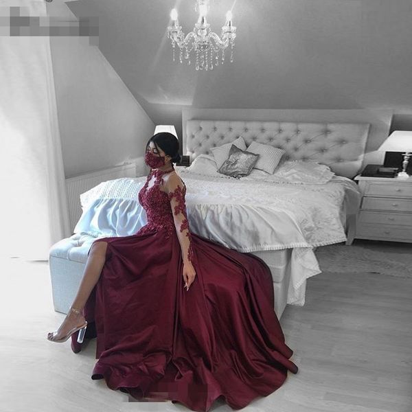 side slit burgundy long sleeves evening dresses sheer neck 2020 a-line satin lace appliques beaded dubai arabic formal evening gown prom, Black;red
side slit burgundy long sleeves evening dresses sheer neck 2020 a-line satin lace appliques beaded dubai arabic formal evening gown prom, Black;red