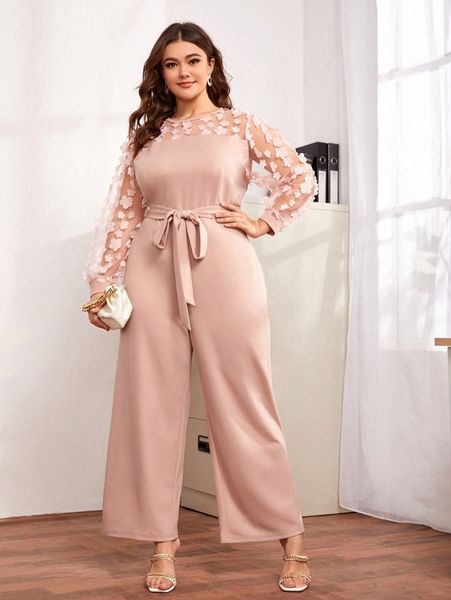 plus mesh panel appliques belted jumpsuit c5at#, Black