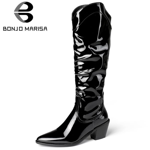 boots bonjomarisa ladies fashion patent pu long brand metallic knee high western women chunky heels shoes, Black
boots bonjomarisa ladies fashion patent pu long brand metallic knee high western women chunky heels shoes, Black
