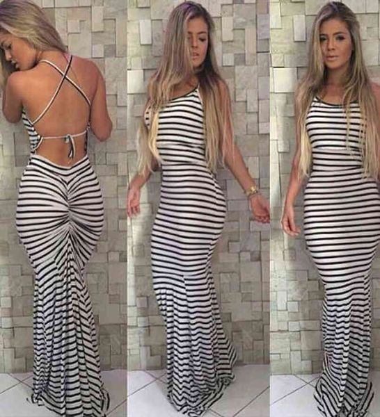 casual dresses sundress halter neck long black white striped women maxi pleated bodycon gathered bandage stripe dress h3xx, Black;gray
