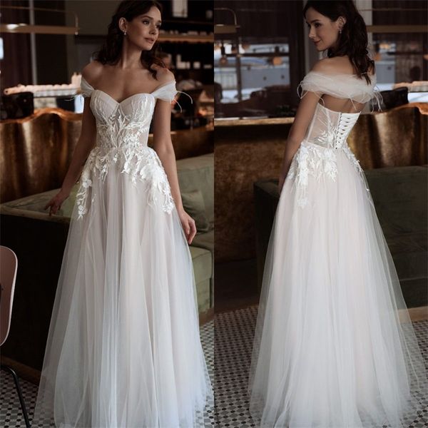 bridal gowns off shoulder appliqued lace sleeveless wedding dresses ruched tulle sweep train custom made robes de mariée, White
bridal gowns off shoulder appliqued lace sleeveless wedding dresses ruched tulle sweep train custom made robes de mariée, White
