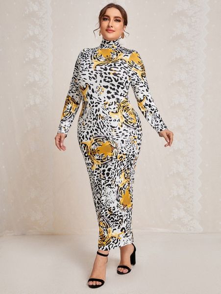 plus mock neck leopard & tiger print bodycon dress f62x#, Black;gray
plus mock neck leopard & tiger print bodycon dress f62x#, Black;gray