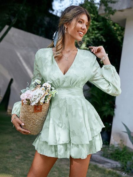 simplee surplice neck lantern sleeve ruffle hem jacquard flower applique romper p7ke#, White
simplee surplice neck lantern sleeve ruffle hem jacquard flower applique romper p7ke#, White