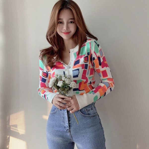 women's knits & tees geometric colorful print sweater women spring single breasted korean knitted outwear long sleeve slim vintage swea, White
women's knits & tees geometric colorful print sweater women spring single breasted korean knitted outwear long sleeve slim vintage swea, White