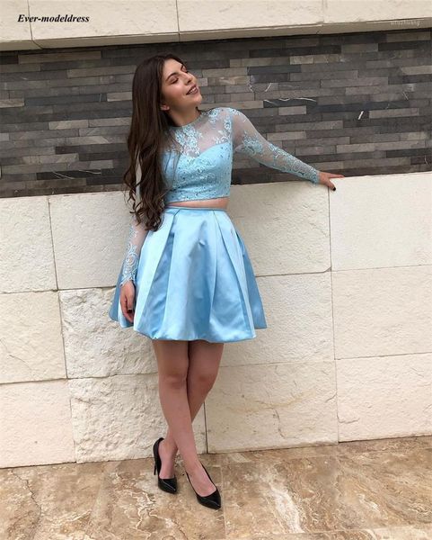 beautiful two pieces sky blue graduation dresses long sleeves lace appliques illusion short homecoming dresses hollow back robes1, White;black
beautiful two pieces sky blue graduation dresses long sleeves lace appliques illusion short homecoming dresses hollow back robes1, White;black