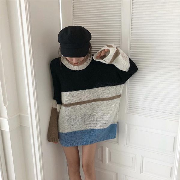 sweater autumn women's thin section loose striped color matching casual pullover fashion knitted sweater, White;black
sweater autumn women's thin section loose striped color matching casual pullover fashion knitted sweater, White;black