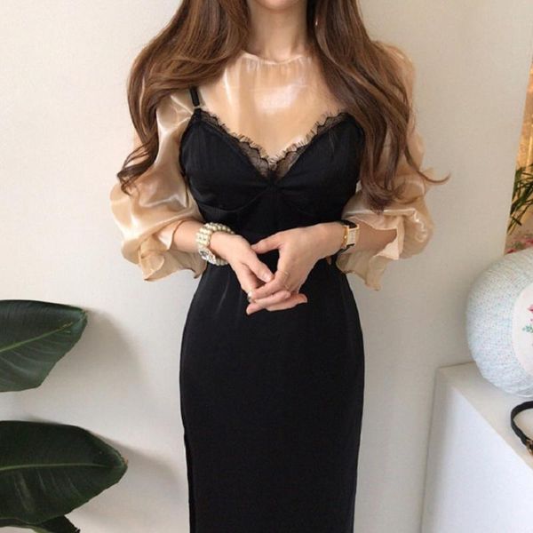 women's tracksuits korean style women 2pcs set autumn flare long sleeve chiffon blouse and lace patchwork black party strap dress femal, Gray
women's tracksuits korean style women 2pcs set autumn flare long sleeve chiffon blouse and lace patchwork black party strap dress femal, Gray