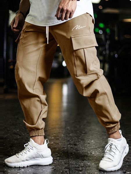 men letter graphic utility pocket drawstring waist joggers h8gg#, Black