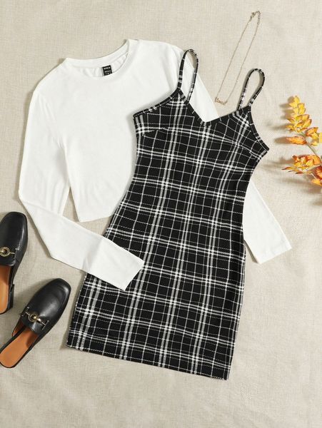 solid & plaid print cami dress y1cw#, White
solid & plaid print cami dress y1cw#, White
