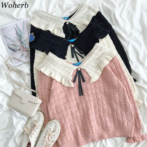 woherb sweet japanese style sweater women contrast color peter pan collar chic knitwear pullovers loose solid coat 4e671, White;black
woherb sweet japanese style sweater women contrast color peter pan collar chic knitwear pullovers loose solid coat 4e671, White;black