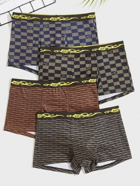 men 4pcs checker & geo print contrast tape boxer brief 85tm#, Black;brown 
men 4pcs checker & geo print contrast tape boxer brief 85tm#, Black;brown