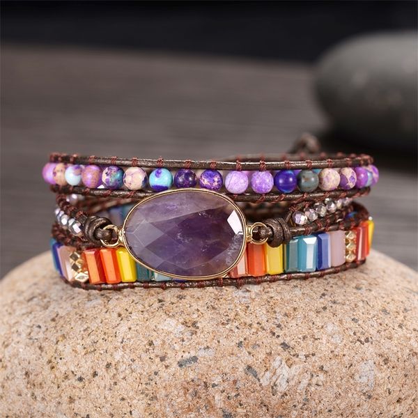 women cute purple big stones wrap bracelets crystals beaded stones leather handmade yoga jewelry y200730, Black 
women cute purple big stones wrap bracelets crystals beaded stones leather handmade yoga jewelry y200730, Black