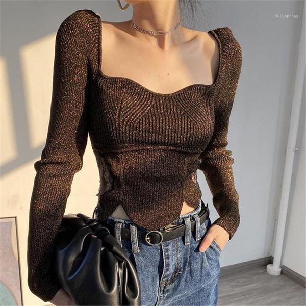 2020 spring autumn new square neck puff sleeve brown knit sweater women stitching lace design slim short, White;black
2020 spring autumn new square neck puff sleeve brown knit sweater women stitching lace design slim short, White;black
