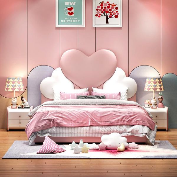 Girl Light Luxury Bed Modern Simple Solid Wood Bed 1.5m Cartoon Pink Single Child Girl Princess