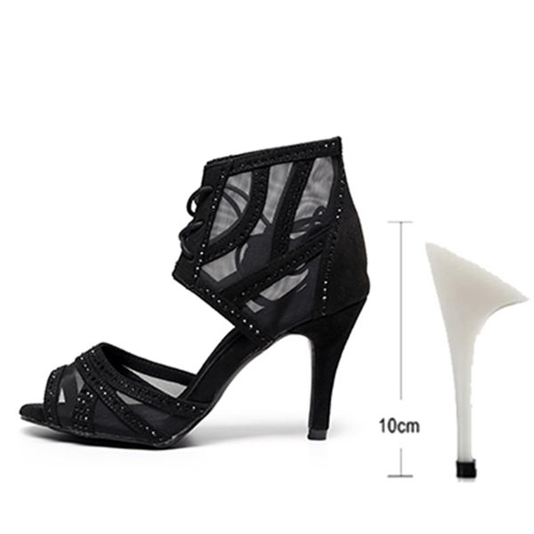 2021 new qianjiaowu rhinestone latin dance black glitter mesh ballroom salsa dancing shoes for women soft sole latino dance-shoe xbe3
