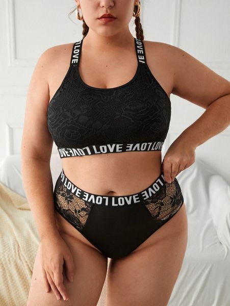 plus letter tape contrast lace lingerie set p1k1#, Black;white
plus letter tape contrast lace lingerie set p1k1#, Black;white