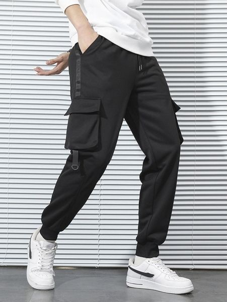 men flap pocket contrast tape drawstring waist sweatpants a9lu#, Black
men flap pocket contrast tape drawstring waist sweatpants a9lu#, Black