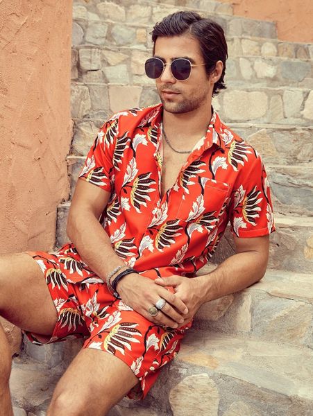 men floral print button front shirt & shorts l0zl#, Gray