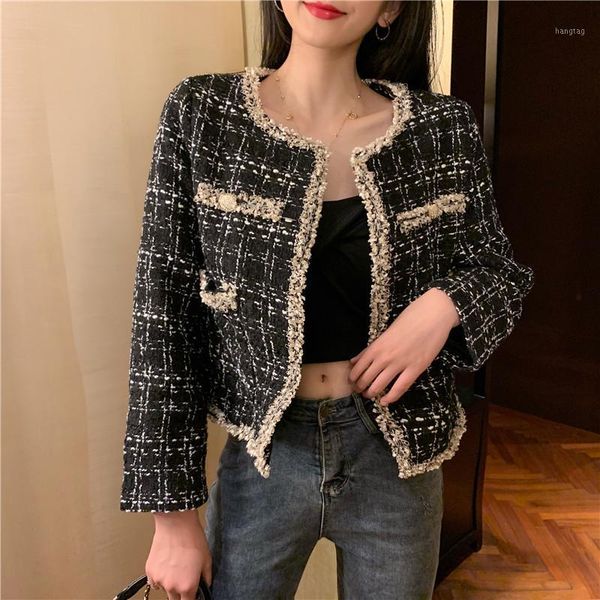 vintage double breasted frayed checked tweed blazers coat women 2020 fashion pockets ladies outerwear casual casaco femme s01471, White;black
vintage double breasted frayed checked tweed blazers coat women 2020 fashion pockets ladies outerwear casual casaco femme s01471, White;black